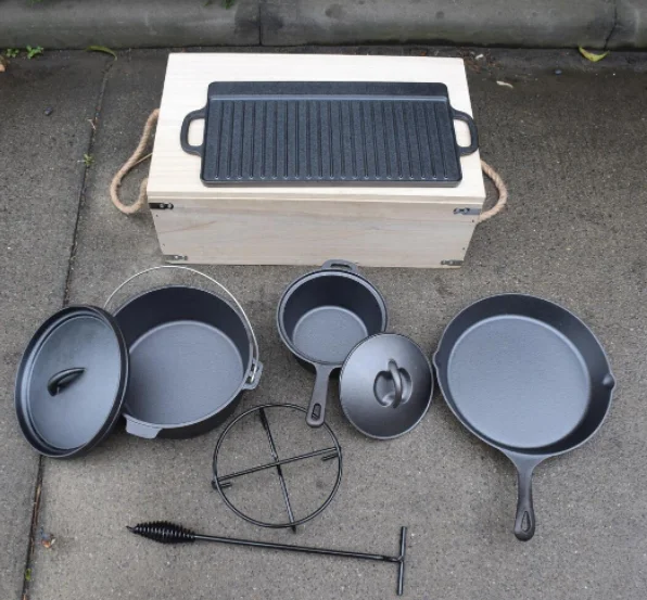 7 Pieces Outdoor Cast Iron Dutch Oven Pot Set Camping Picnic Cooking Pan With Wooden Box