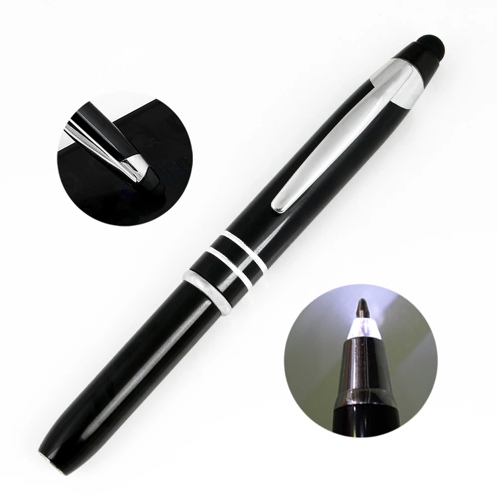 Brand New Signature Cap Type Ink Flashlight Pen With Stylus Custom Logo Metal Black Body And Light Bulb Ball Ballpoint Ballpen