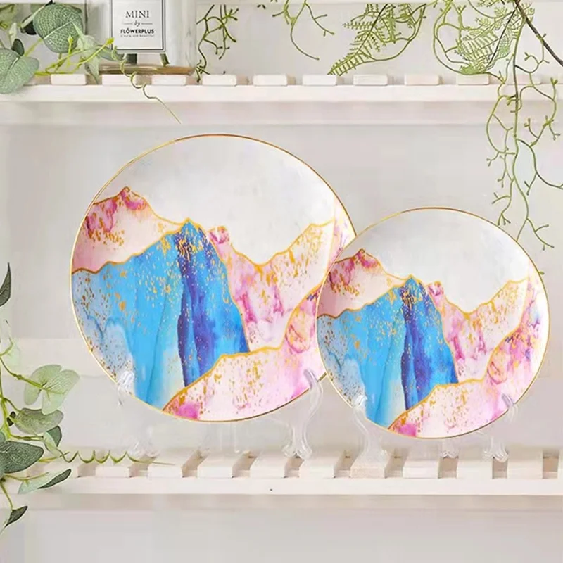 luxury custom printed gold charger plates bone china ceramic plate dinnerware pink gold plate hotel use for wedding