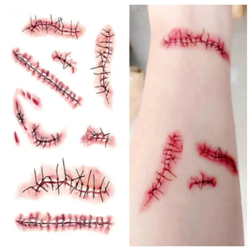 Стойкие нетоксичные временные татуировки-наклейки, Хэллоуин, ужас, реалистичный стежок, рана, рана, тело, макияж, тату-наклейки
