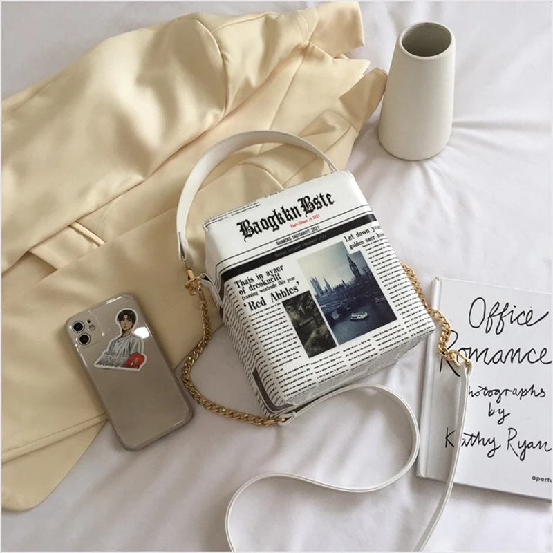 Fashion Newspaper Print Chain Bags Large Capacity Tote Handbags for Women Ladies PU Leather Shoulder Trendy Purses