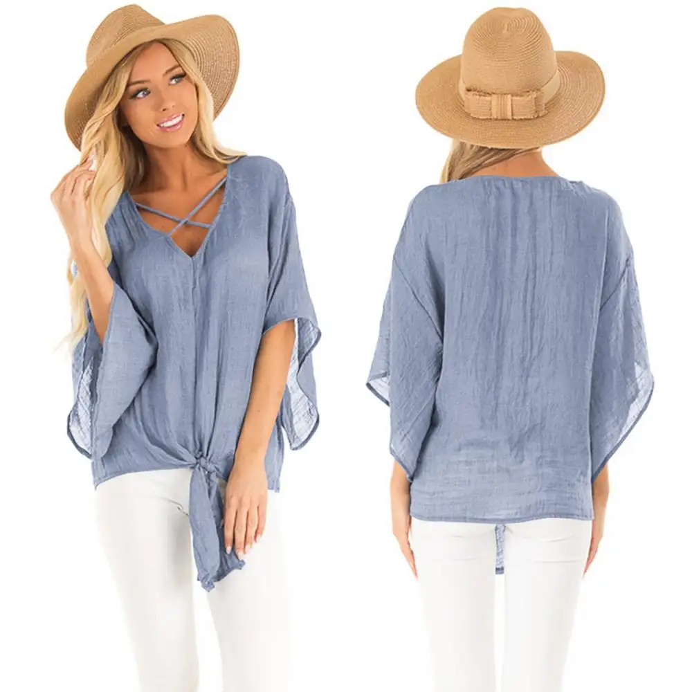 
Wholesale Summer Casual Batwinged Cover Up Soft Light Solid Color Blouse Tshirt 