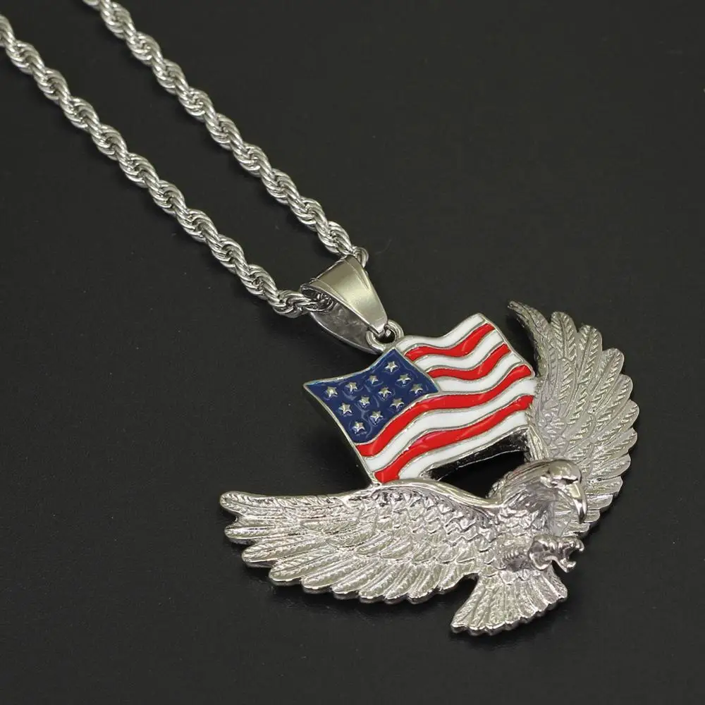 
Hiphop Golden Stainless Steel USA Flag Patriotic American Flag Eagle Pendant Necklace with 3MM Twist Rope Chain 24inches 
