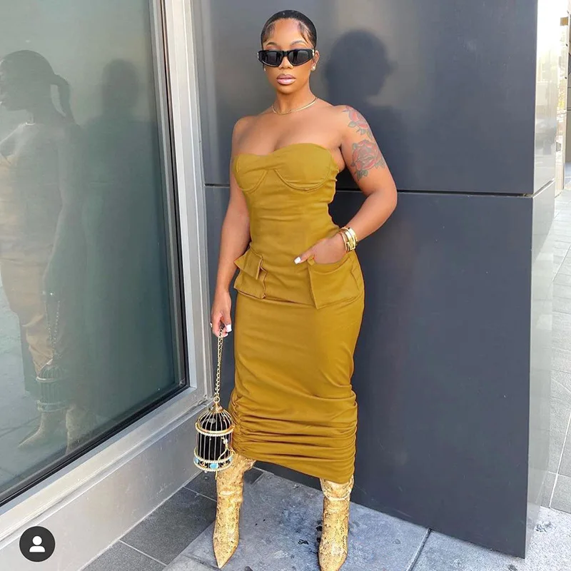 2022 Latest Plain Yellow Women Off Shoulder Corset Drawstring Pockets Pleated Ruched Dress