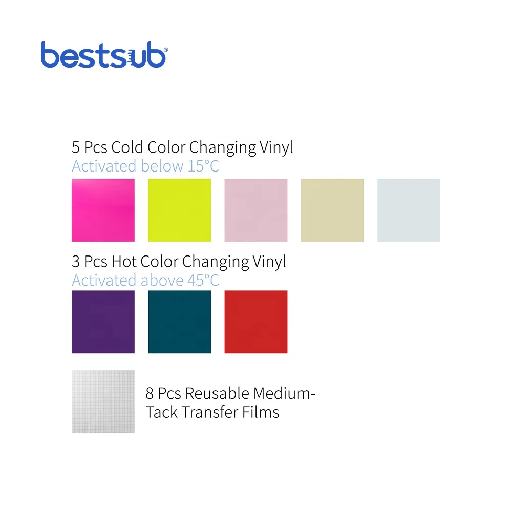 BestSub Wholesale Personalized 8 Sheets Craft Vinyl Assorted Color Changing Adhesive Vinyl Heat Press Transfer Sheets Pack