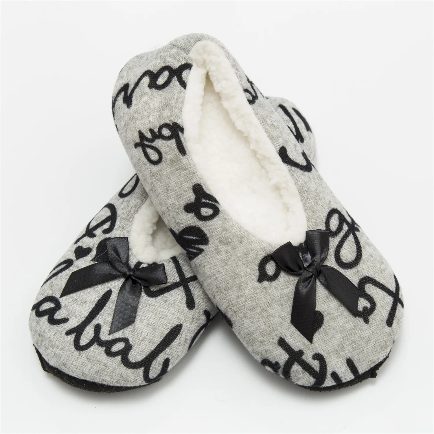 Factory price fuzzy monogrammed slipper socks with bowknot ballet  shoes indoor for women