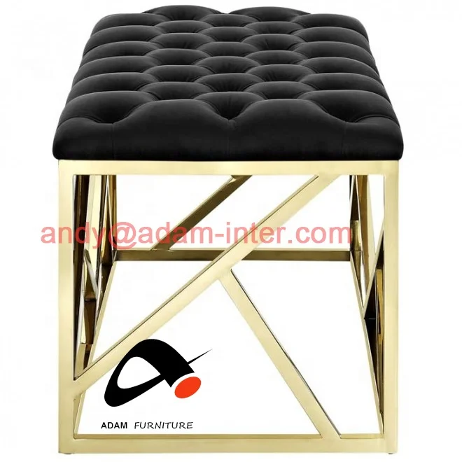 Hot Selling Modern Black Velvet Tufted and Gold Geometric Base Bench