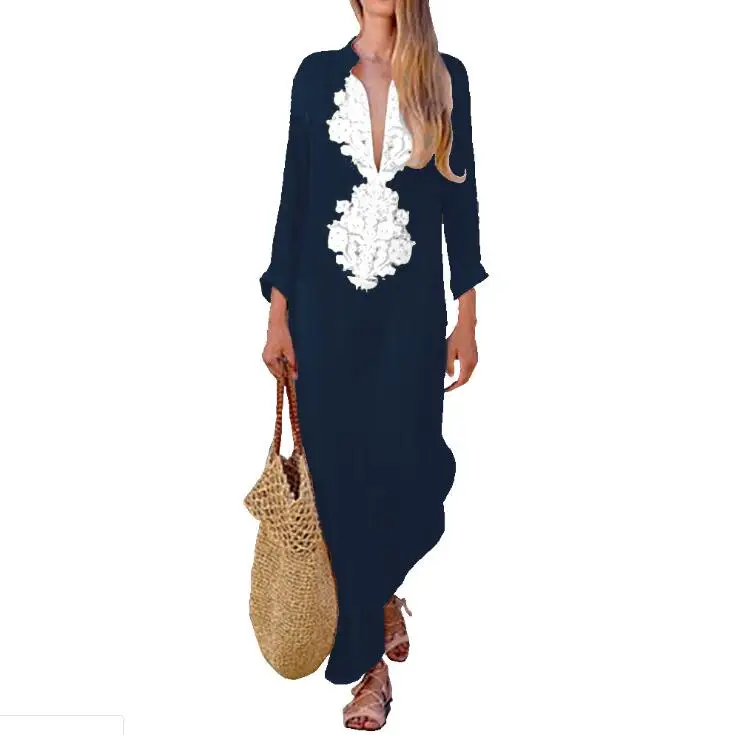 Женское однотонное платье с длинным рукавом, Повседневное платье из ткани с глубоким V-образным вырезом, большие размеры, осень 2020