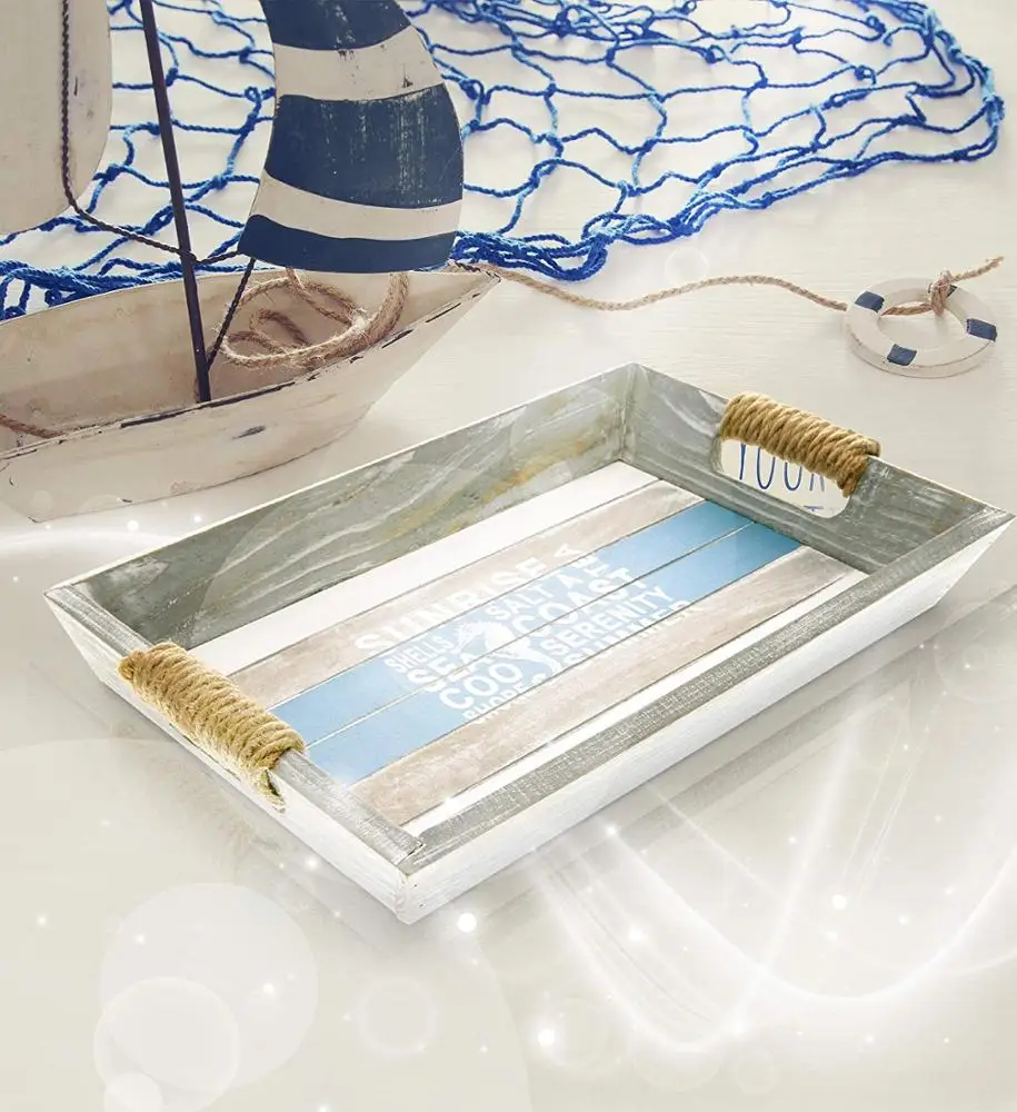 
Nautical Wooden Ocean Breeze Beach Theme Decor Real Natural Wood Handcrafted Hand Painted Aqua Sky Serving Tray 