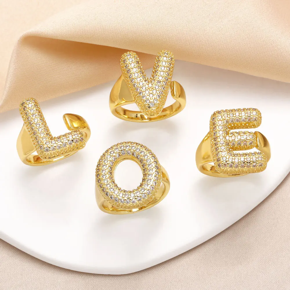 New Arrival Simple 26 English Letters Copper Gold Plated Full Zirconia Open Finger Ring