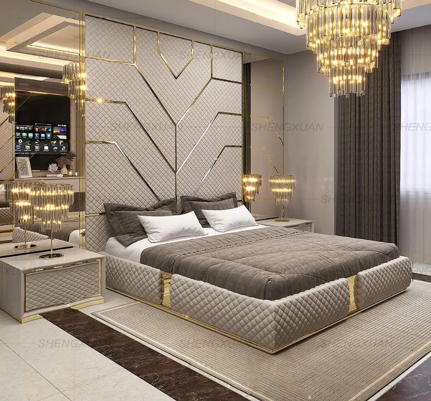 Luxury Bedroom Furniture Modern Headboards Luxury King Size Bed Adhesive Fabric Background Wall Panels for Double Full Hotel Bed