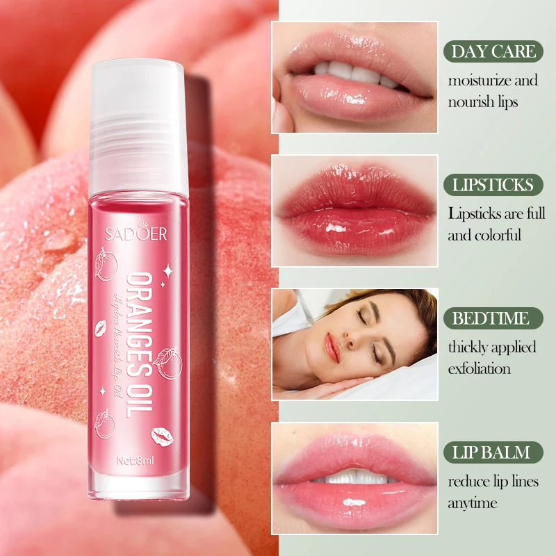 SADOER Lip Beauty Products Natural Peach Avocado Strawberry Orange Lip Oil Moisturizing Hydrating Nourishing Makeup Lip Gloss