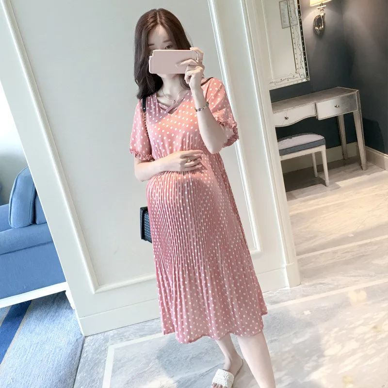 Chiffon Dresses Maternity Clothing For Pregnant Women Short Sleeve V-neck Dot Pregnancy Dress Maternity Summer Dresses