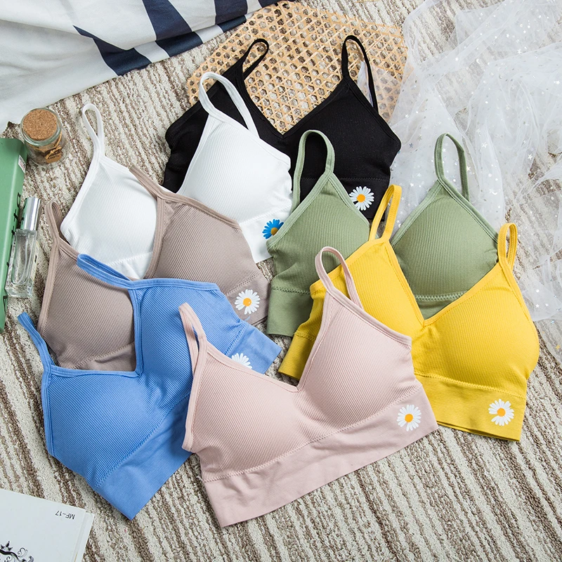 Ladies bralette daisy print camisole bra wire free yoga bra removable padded ribbed bra