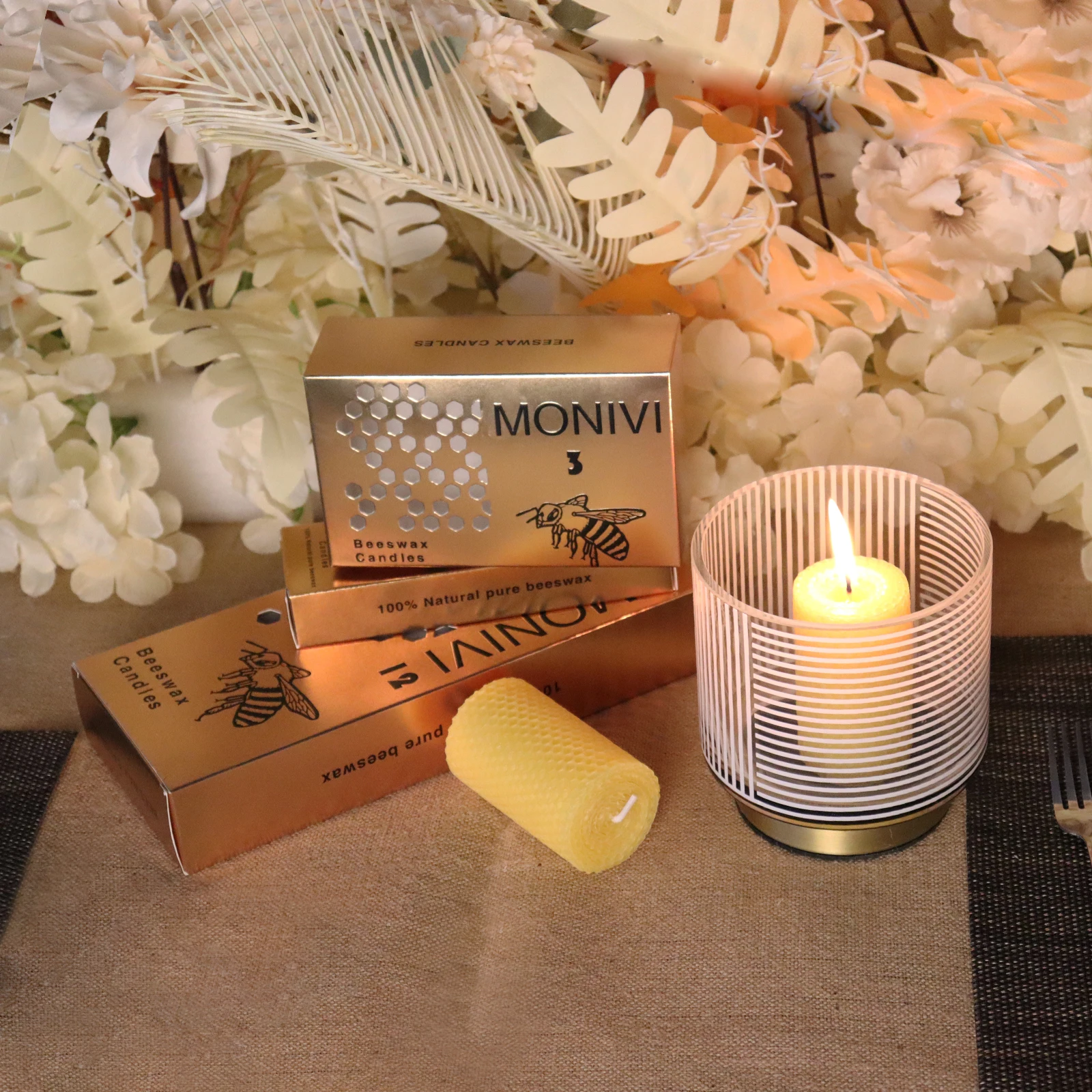 3 Packs Organic Beeswax Candles 100% Pure Luxury Handmade Roller Honeycomb Pillar Candle 3.4 Inch Smokeless Long Burning Time