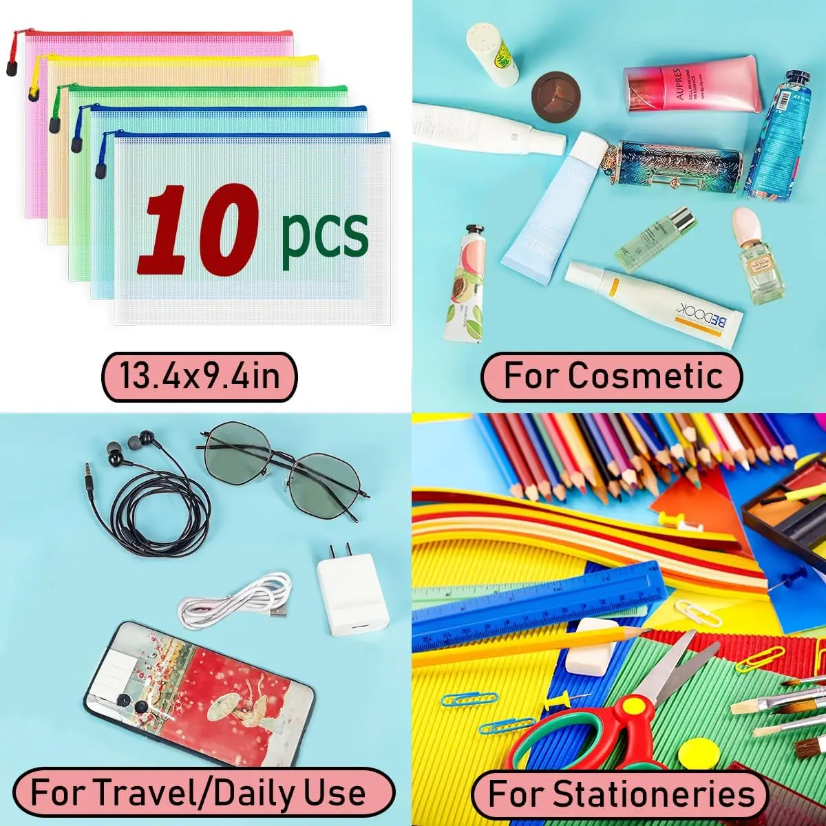 A4/ FC Colorful Zipper File Bag Transparent PVC Mesh Document Pouch Waterproof File Bag with Custom Logo Office File Folder