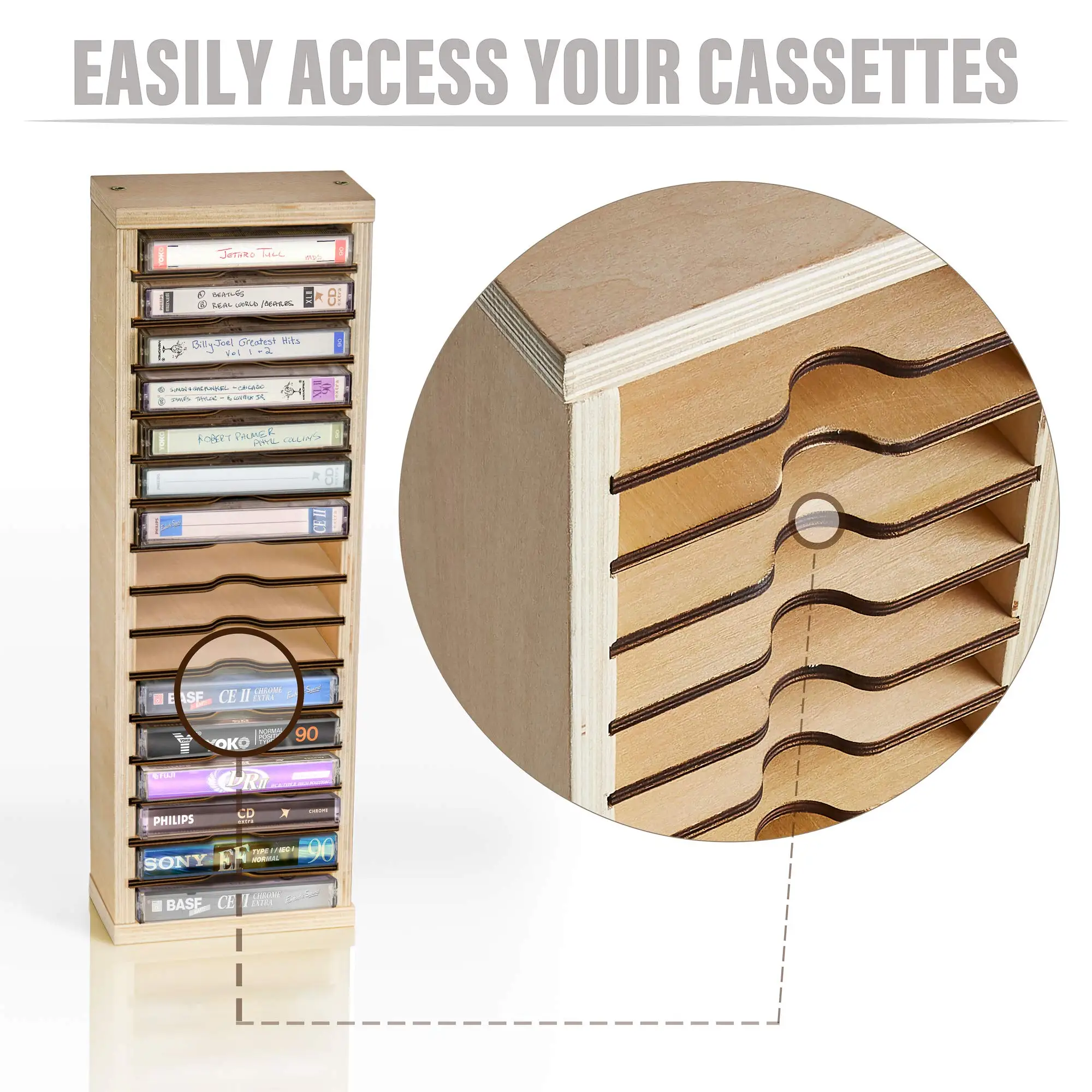Wooden 16 Slot Cassette Tape Storage Case Organizer Rack for Cassette Collections Audio Accessory Easy to Assemble Laser Cut