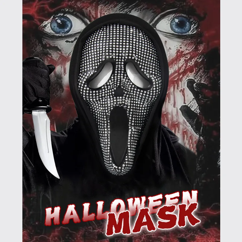 Halloween Carnival Screaming Ghost Mask w Hood Carnival Ball Scary Masks Horror Face Creepy Rhinestone Masks