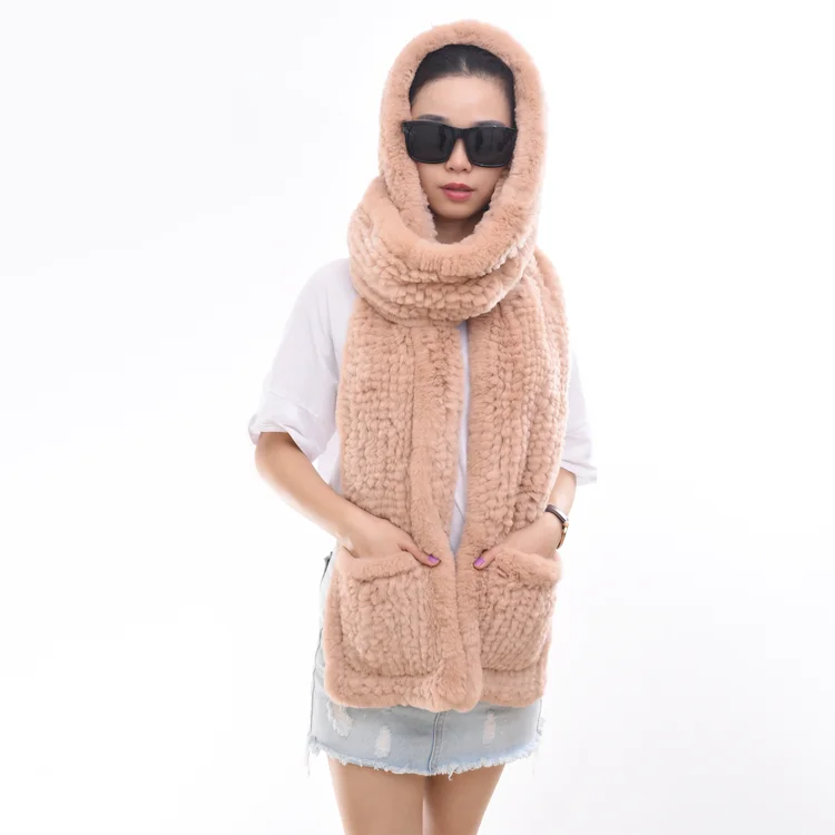 Winter warm fur scarf shawl for ladies knitted rex rabbit fur scarf for women