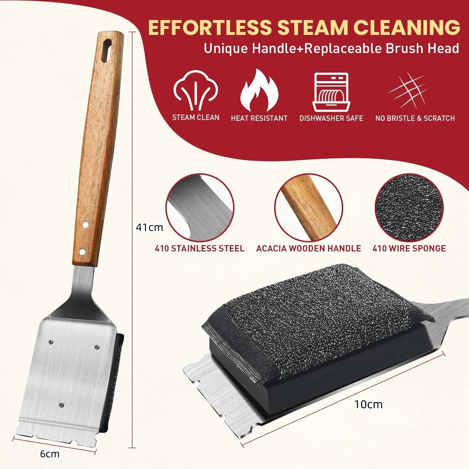 BBQ Cleaning Brush with Wooden Handle BBQ Accessories Bristless barbecue brush with additional replaceable scraper cleaning head