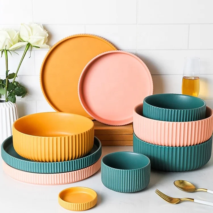 
Ceramic European style macaron frosted Roman pattern household tableware bowls plate and dishes 