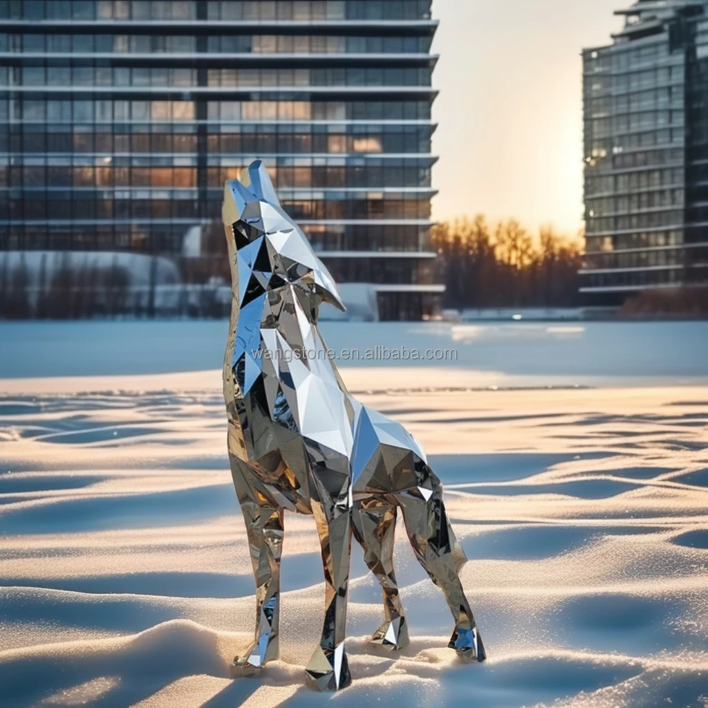 Modern Outdoor Garden Decor Stainless Steel Wolf Sculpture Statue Polished Geometric Animal Art