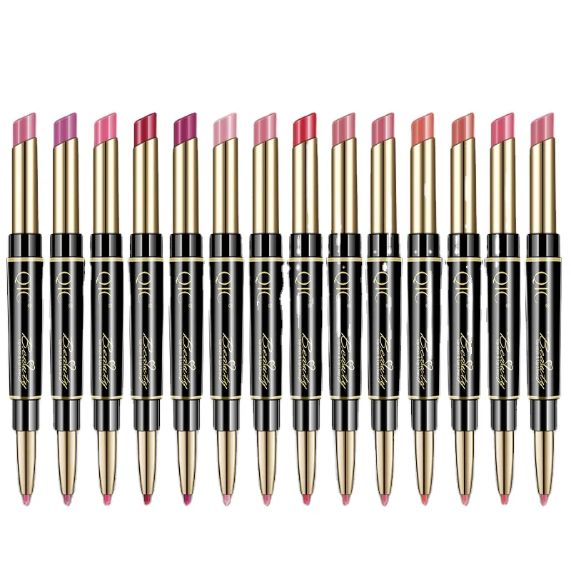 New Arrival 14 Colors Makeup 2 In 1 Lipstick Matte Moisturizing Cosmetic Waterproof Nude Lip Liner Double Head Lipstick