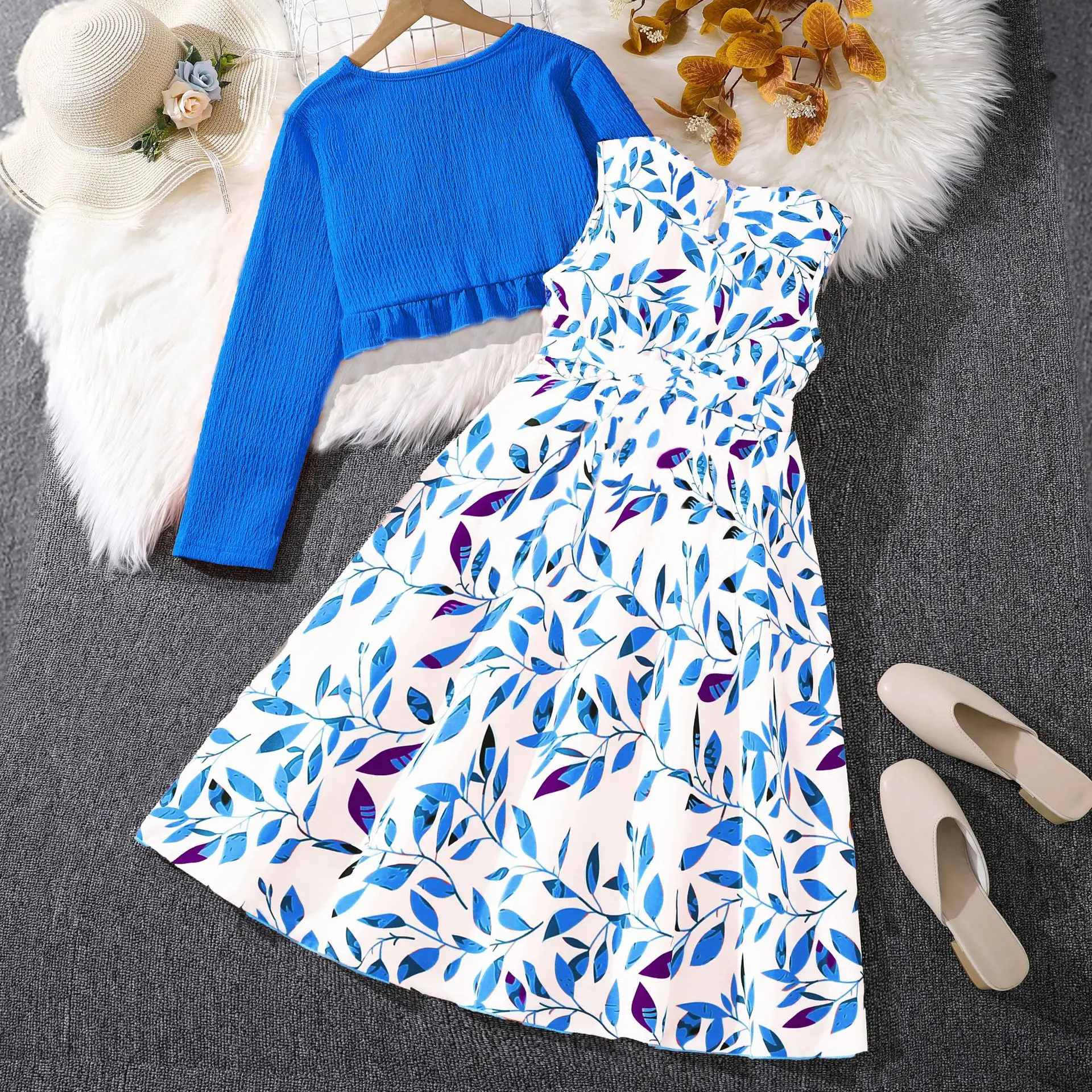 8 9 10 11 12 Year Old Cloths Children Gown Big Teen Girl Dress + Long Sleeve Coat 2pcs dress Set