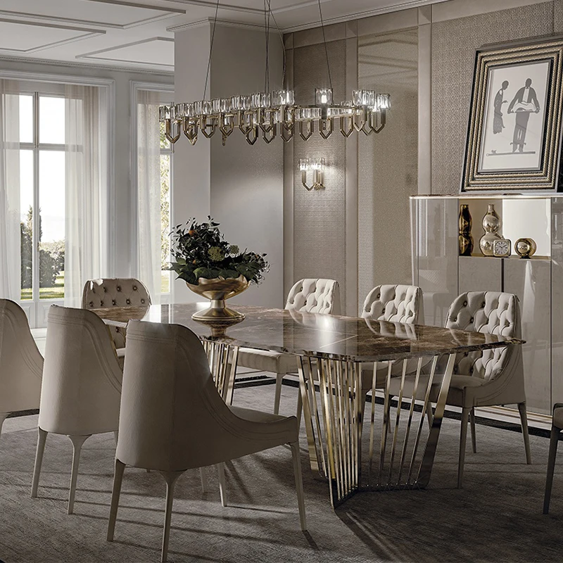 Italy Dining Room Furniture 8 Seater Natural Marble Top Dining Table with Stainless Steel