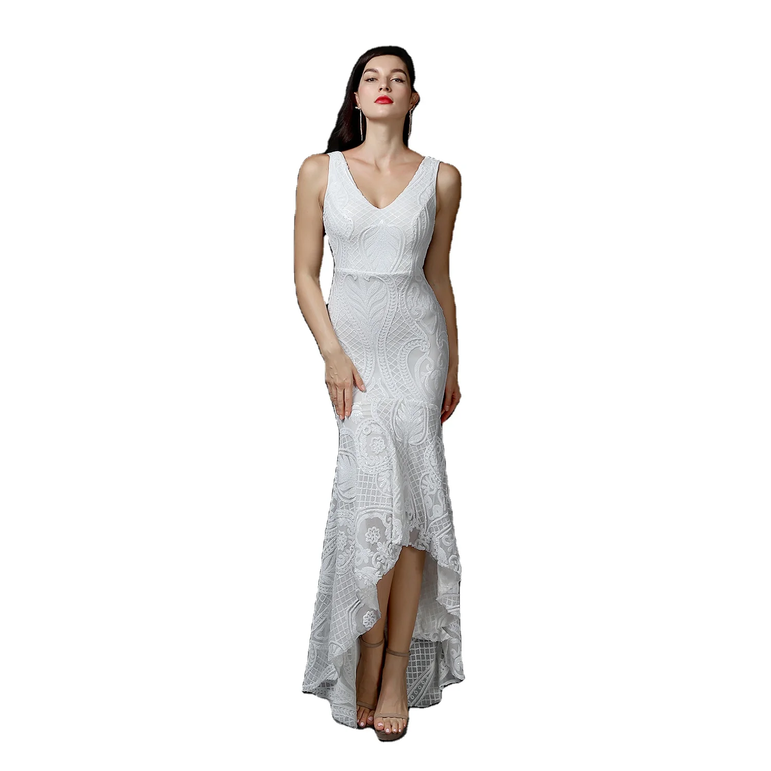 Wholesales  bride high Quality Fishtail Korean evening dress V neck Sing Clothing Gown Prom Evening Women Dress
