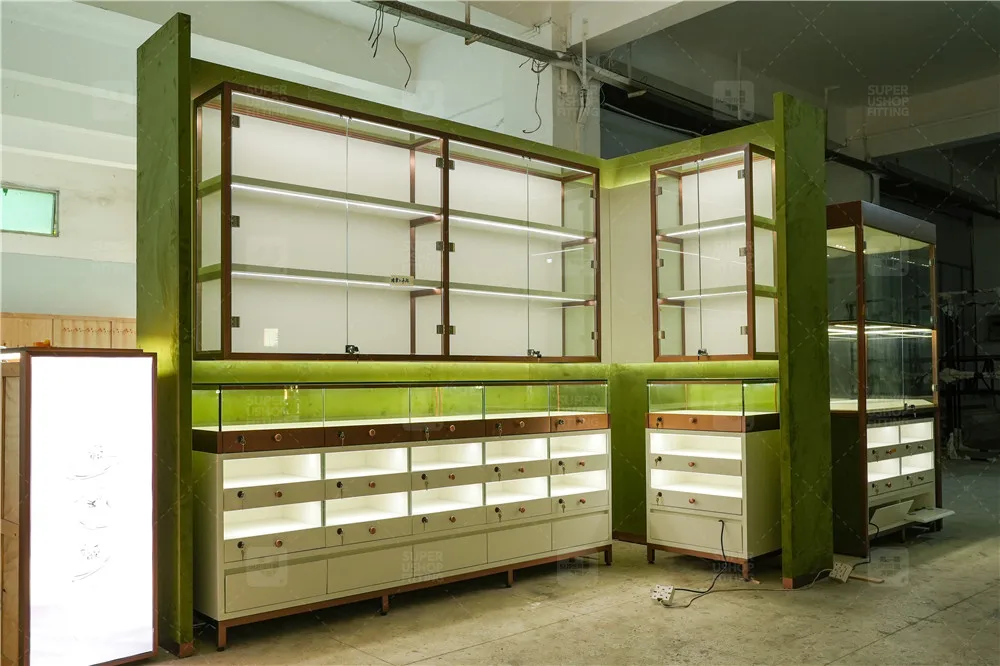 Trendy Glass Jewellery Store Wall Display Cabinet Fine Diamond Necklace Shop Furniture Luxury Jewelry Display Showcase for Sale