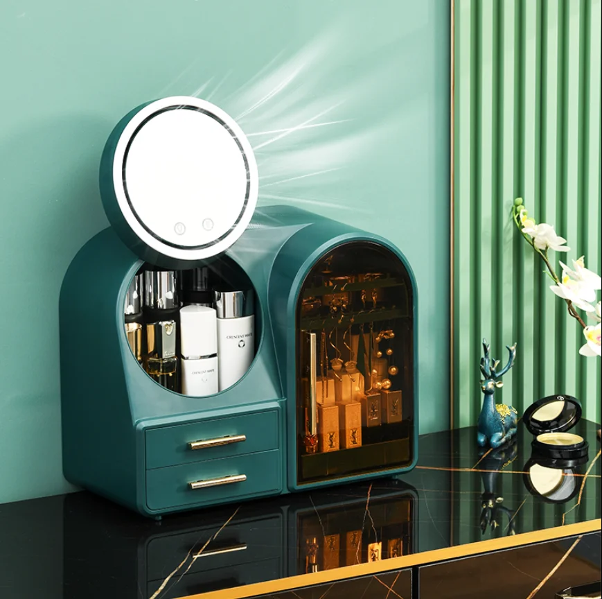 
Cosmetic Display Case With Rotatable Mirror And Fan And LED Light Cosmetics storage display rack with drawer 