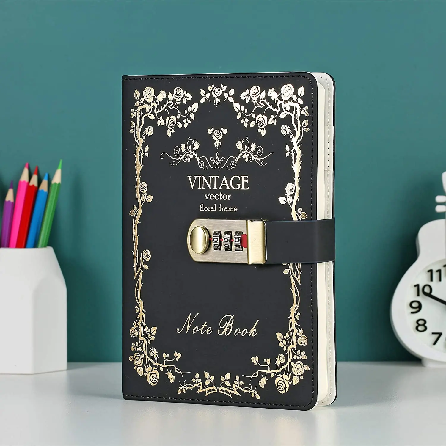 Eco friendly Vintage Flora Journal Travel Leather Hardcover Ruled A5 Password Locking Notebook