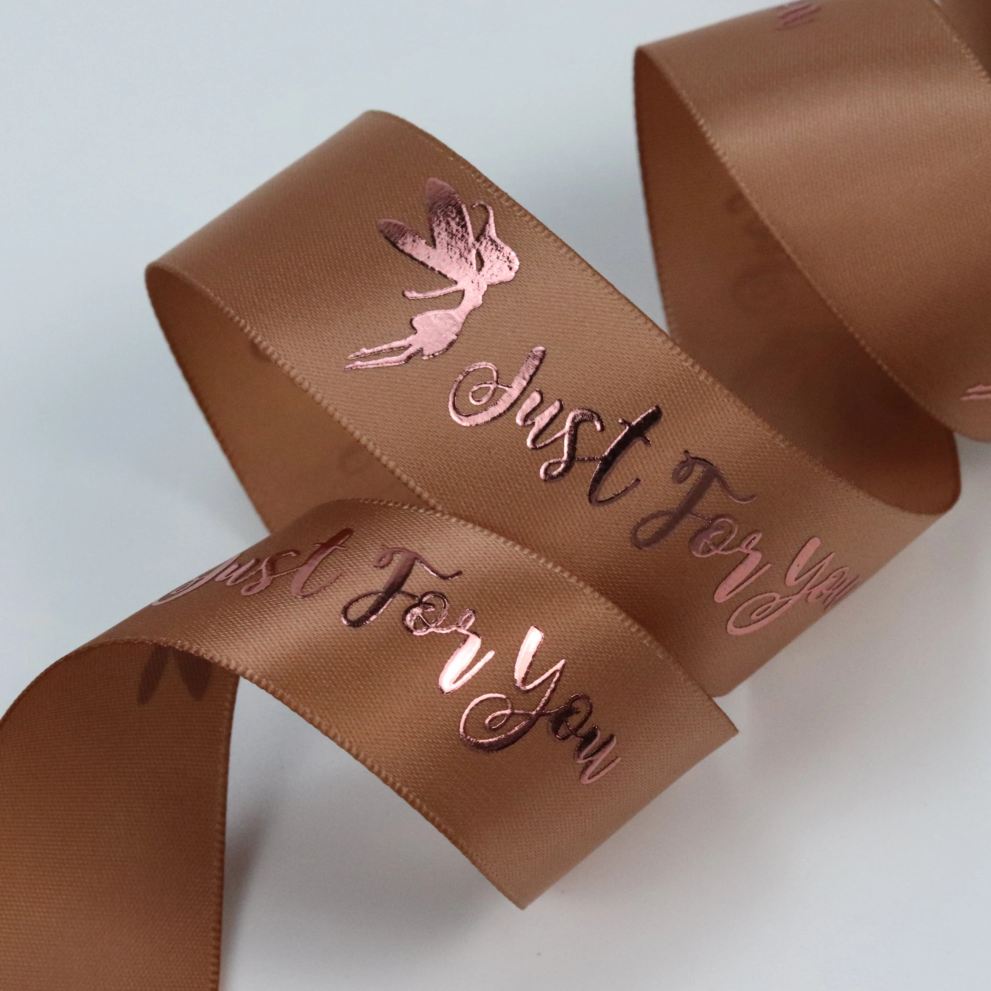 Factory Custom Rose Gold Print ribbon with logo Business Name 1 Inch Polyester Dusky Pink Satin Ribbon