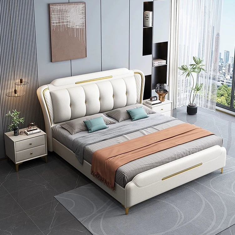 Italian light luxury Leather Bed Bedroom Furniture Double  King Size storage Bed Up-holstered Beds