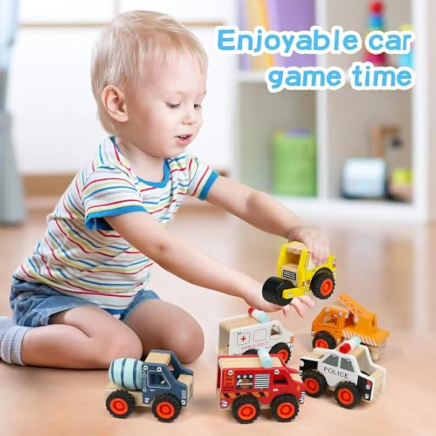 Wooden Push Cars for Toddlers Kids Toy Car Push Back Montessori Toys 6 Pcs Cars for Toddlers 1-3 Kid Push and Go Vehicle Toys
