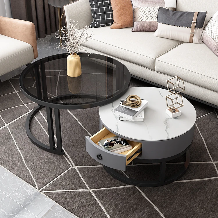 Wholesale Modern Luxury Round Glass Stone Metal Center Coffee Tables Coffee Table Sets With Drawer
