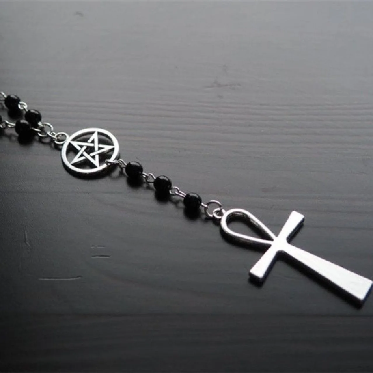Halloween Dark Gothic Vintage Jewelry Women Bead Chain Necklace Pentagram Charms Cross Pendant Necklace