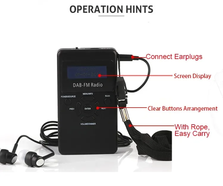 Mini Rechargeable Walkman Radio 40 Presets USB & Earphones Pocket DAB FM Band Radio with Display Screen