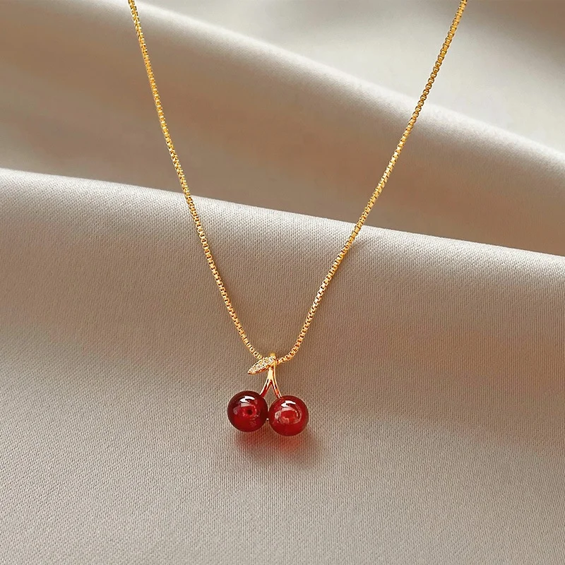 2024 Popular Metal Cherry Pendant Necklace Red Fruit Necklace for Women Birthday Graduation Party Prom Jewelry Gift