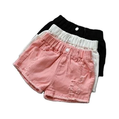 High Quality Kids white Shorts Girls Children Cotton black Color Powder Hot Short hole Pants Fashion Girl Denim Hollow out jeans