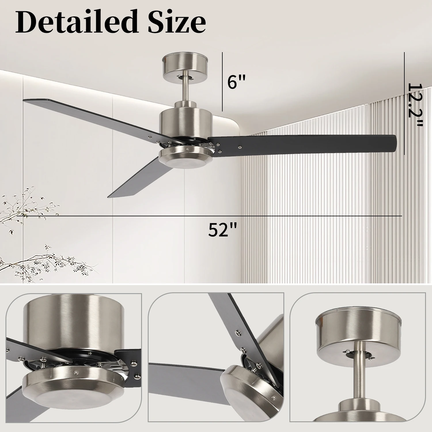 Most Popular 52 Inch Plywood 3 Black Blade High Speed Home  Modern Decorative Stainless Steel Ceiling Fan