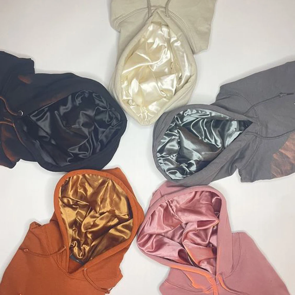 Custom Logo Oversized Satin Hoodie French Terry Cotton Printing Plus Size Silk Lining Hoodies Men satin lined hoodie