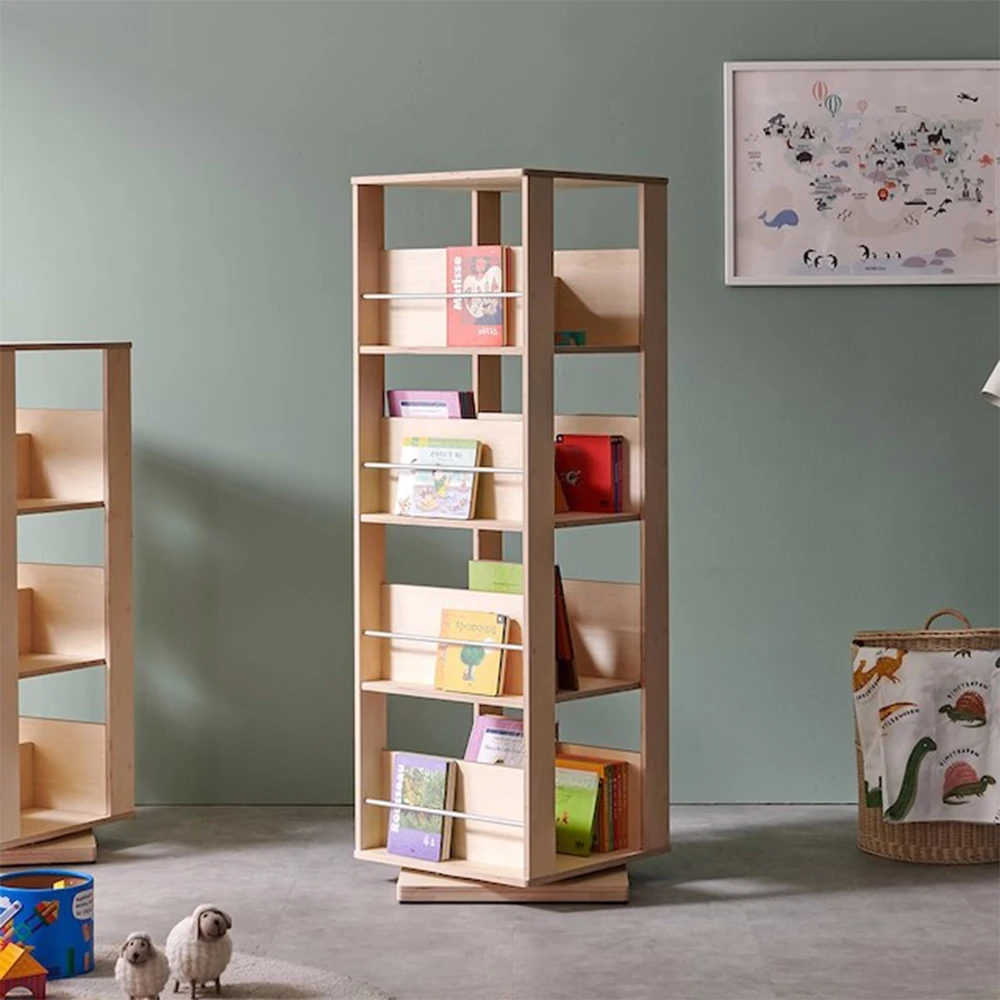 Montessori Daycare Kindergarten Library Solid Wooden Rotating Mobile Kids Book Magazine 4 Tiers Square Rack Bookshelf Furniture