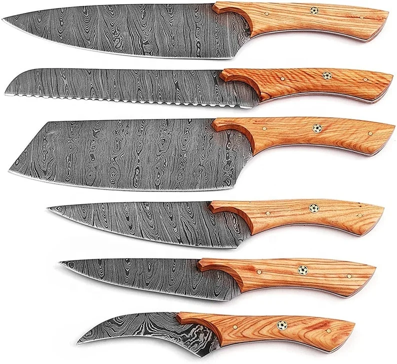 New Products Amazon Top Seller Custom Handmade Damascus Kitchen Knives 6 Pcs Chef Knife Set With Leather Bag
