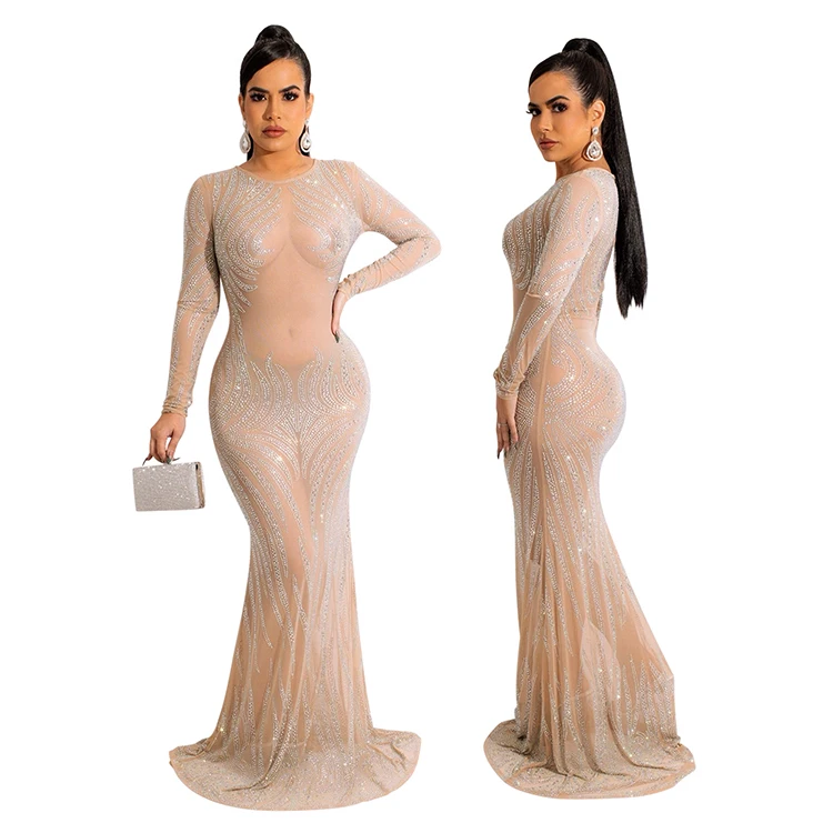 New arrival Elegant luxury stripe crystal long sleeve decor dress tulle see-through prom maxi dress without underwear for sale