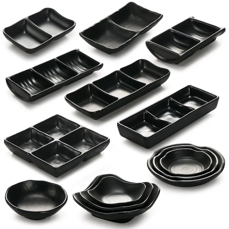 best selling high quality black matte small dishes melamine 2/3/4/5 compartment seasoning plate BBQ sauce tray dish