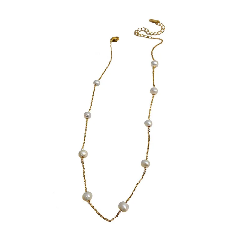 Pure gold electroplating korea simple fresh water pearl clavicle chain necklace