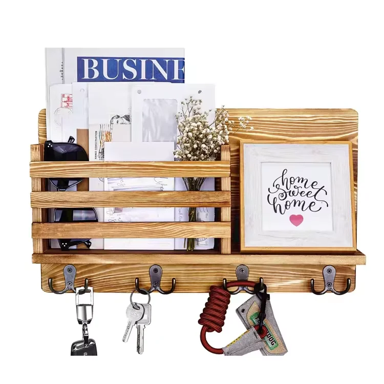 Wholesale  Custom Logo Wooden File Holder Rack Wall Mounted Hanging Wooden Mail Sorter Organizer with Key Hooks