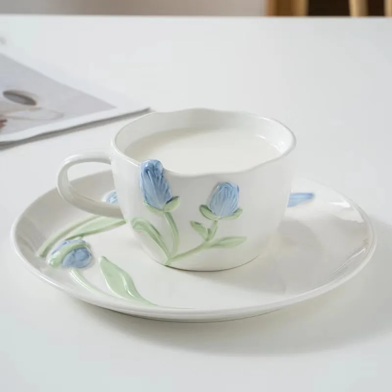 New Tulip Design Cup Set Hand Painted Tableware Girly Afternoon Tea Cup Set With Plate Dinnerware Ceramic Dish